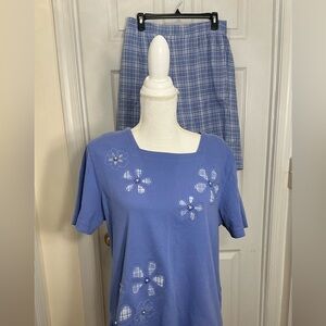 Blue Floral Appliqué Top & Plaid Shorts Set – L / 16